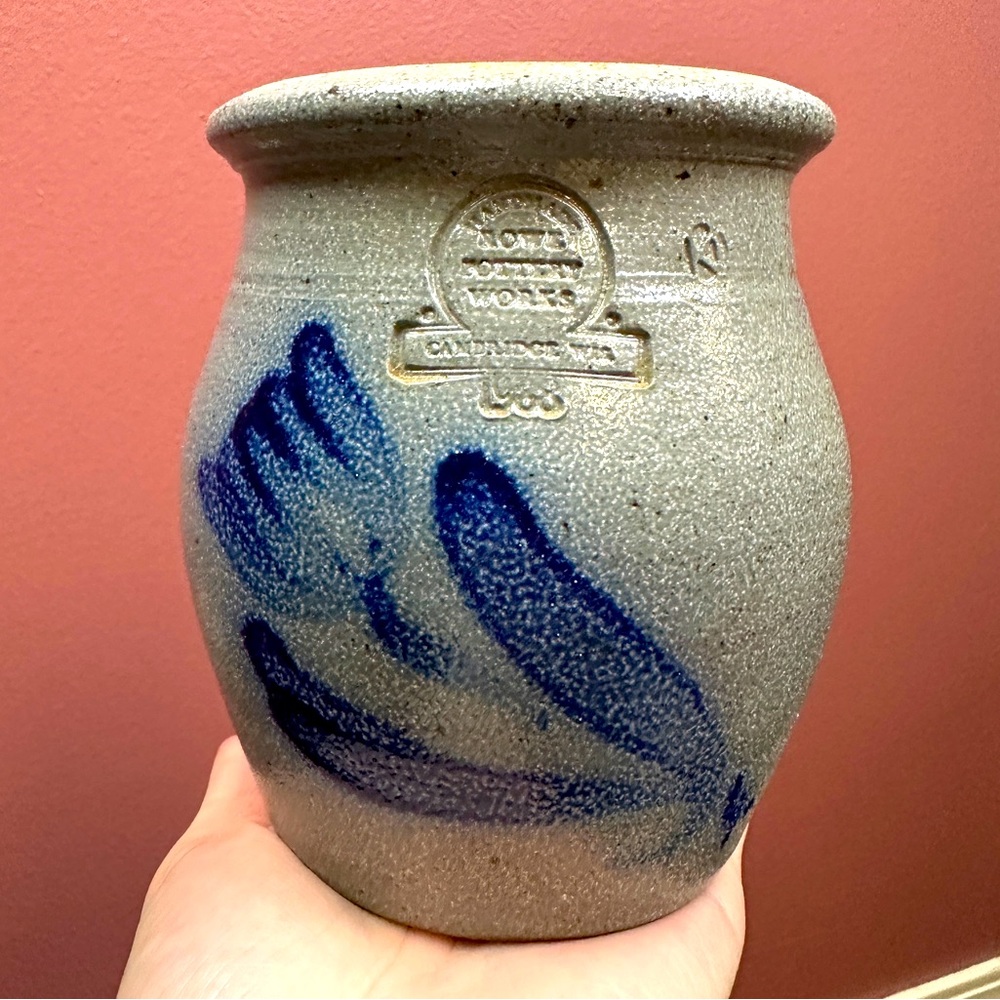 Vintage Rowe Pottery Works Cambridge Wisconsin 1987 Blue Tulip Salt Glaze Crock